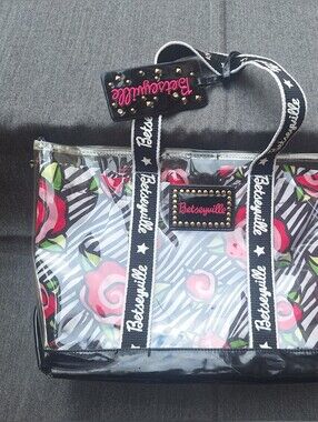 Vintage Betsey Johnson Clear Floral Tote with Black Trim and Pink Roses